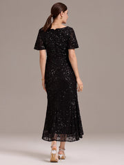 Stylish Mermaid Sequin Short Sleeves Formal Wedding Guest Dress with Embroidery