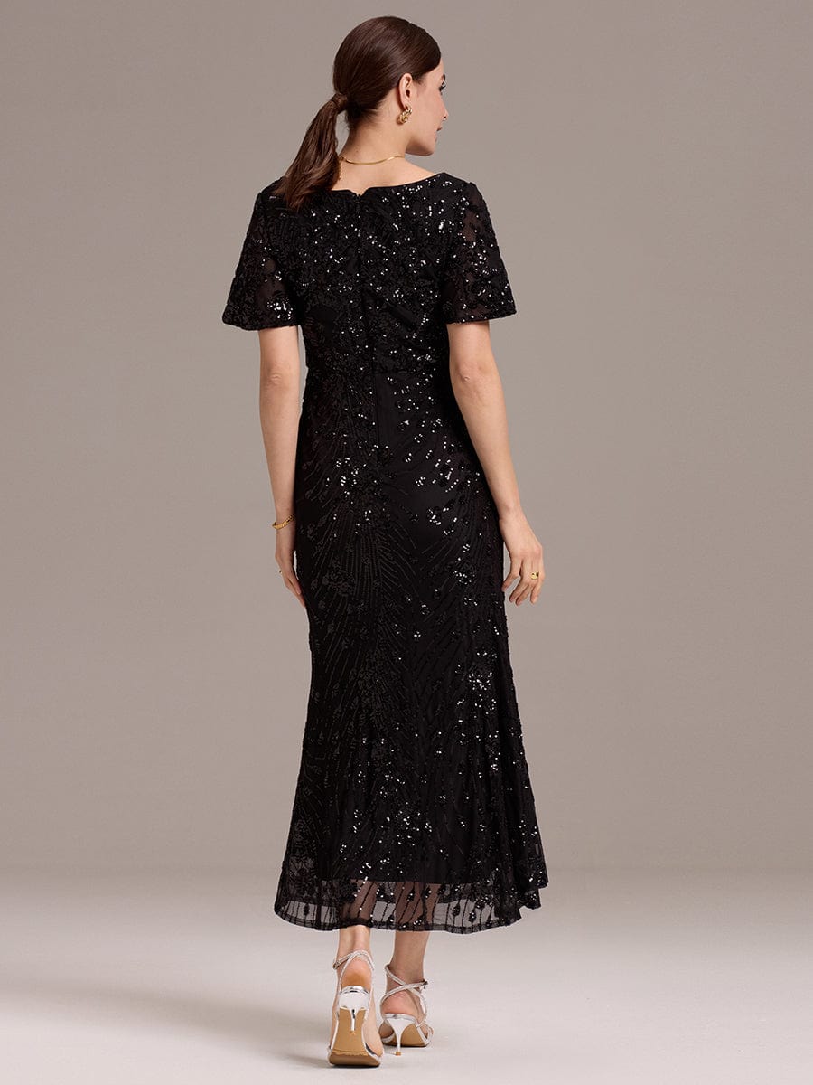 Stylish Mermaid Sequin Short Sleeves Formal Wedding Guest Dress with Embroidery