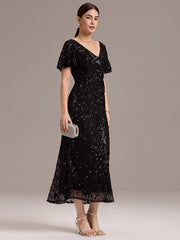 Stylish Mermaid Sequin Short Sleeves Formal Wedding Guest Dress with Embroidery