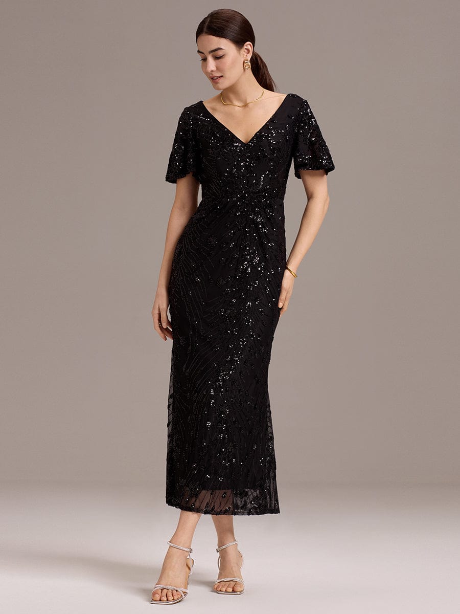 Stylish Mermaid Sequin Short Sleeves Formal Wedding Guest Dress with Embroidery