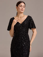 Stylish Mermaid Sequin Short Sleeves Formal Wedding Guest Dress with Embroidery