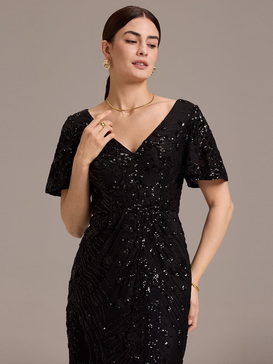 Stylish Mermaid Sequin Short Sleeves Formal Wedding Guest Dress with Embroidery