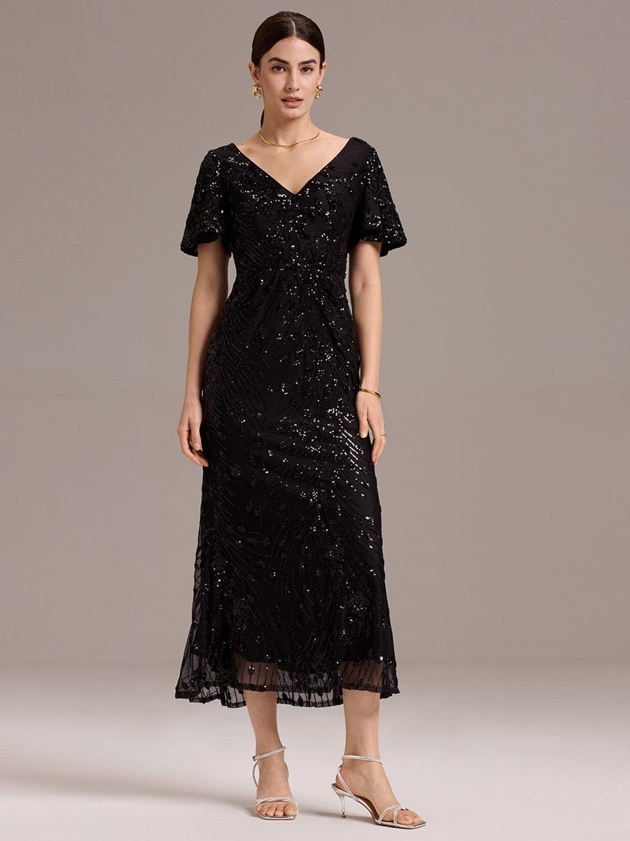 Stylish Mermaid Sequin Short Sleeves Formal Wedding Guest Dress with Embroidery