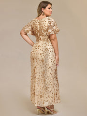 Stylish Mermaid Sequin Short Sleeves Formal Wedding Guest Dress with Embroidery