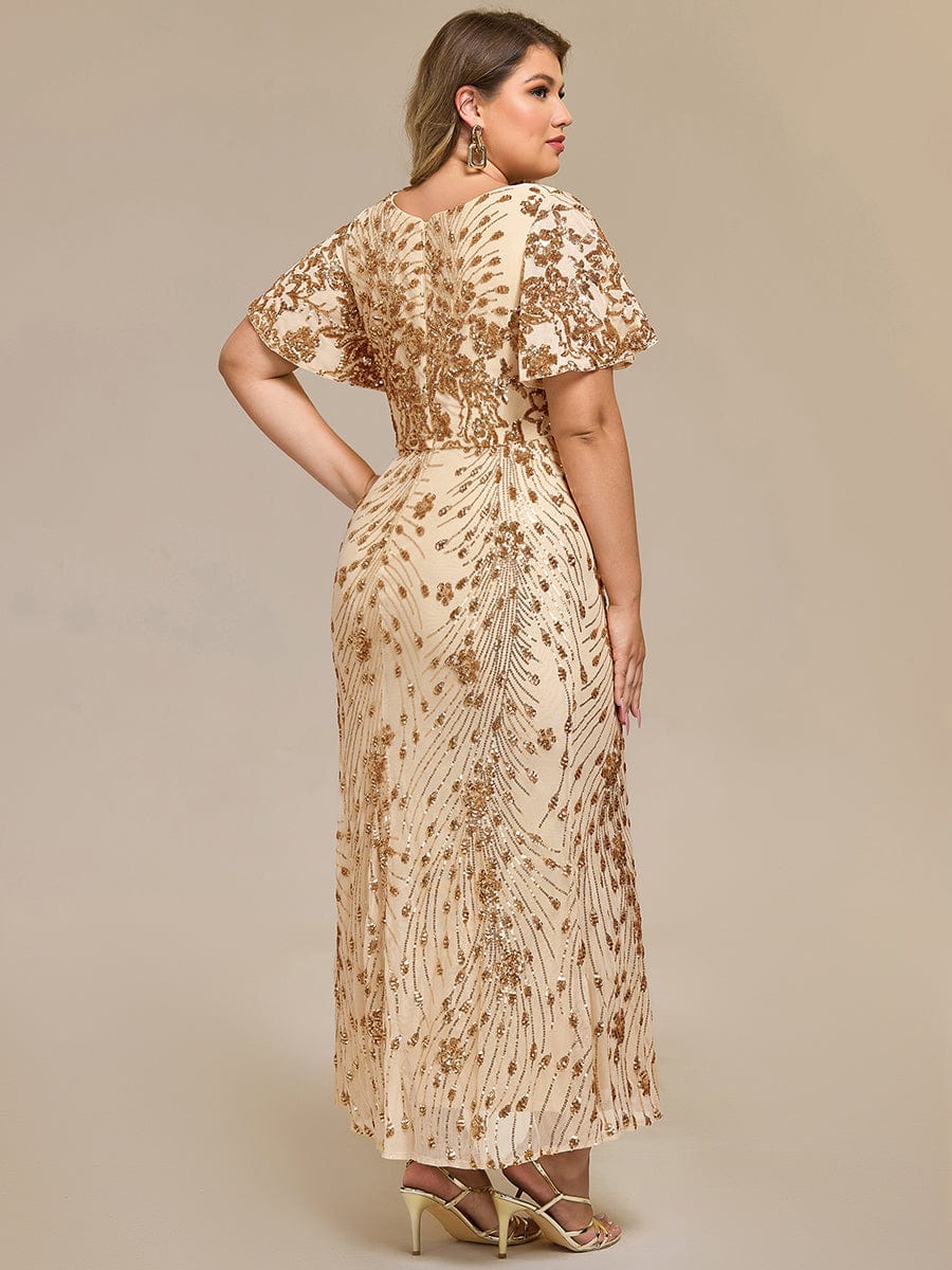 Wonderful Plus Size Sequin V-Neck Mermaid Formal Dress Tea-Length