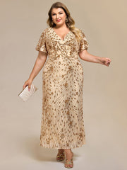 Wonderful Plus Size Sequin V-Neck Mermaid Formal Dress Tea-Length
