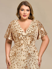 Wonderful Plus Size Sequin V-Neck Mermaid Formal Dress Tea-Length