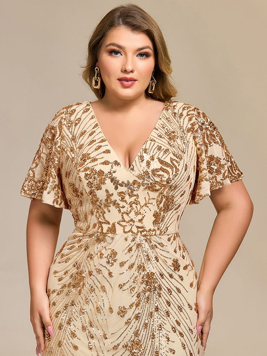 Wonderful Plus Size Sequin V-Neck Mermaid Formal Dress Tea-Length