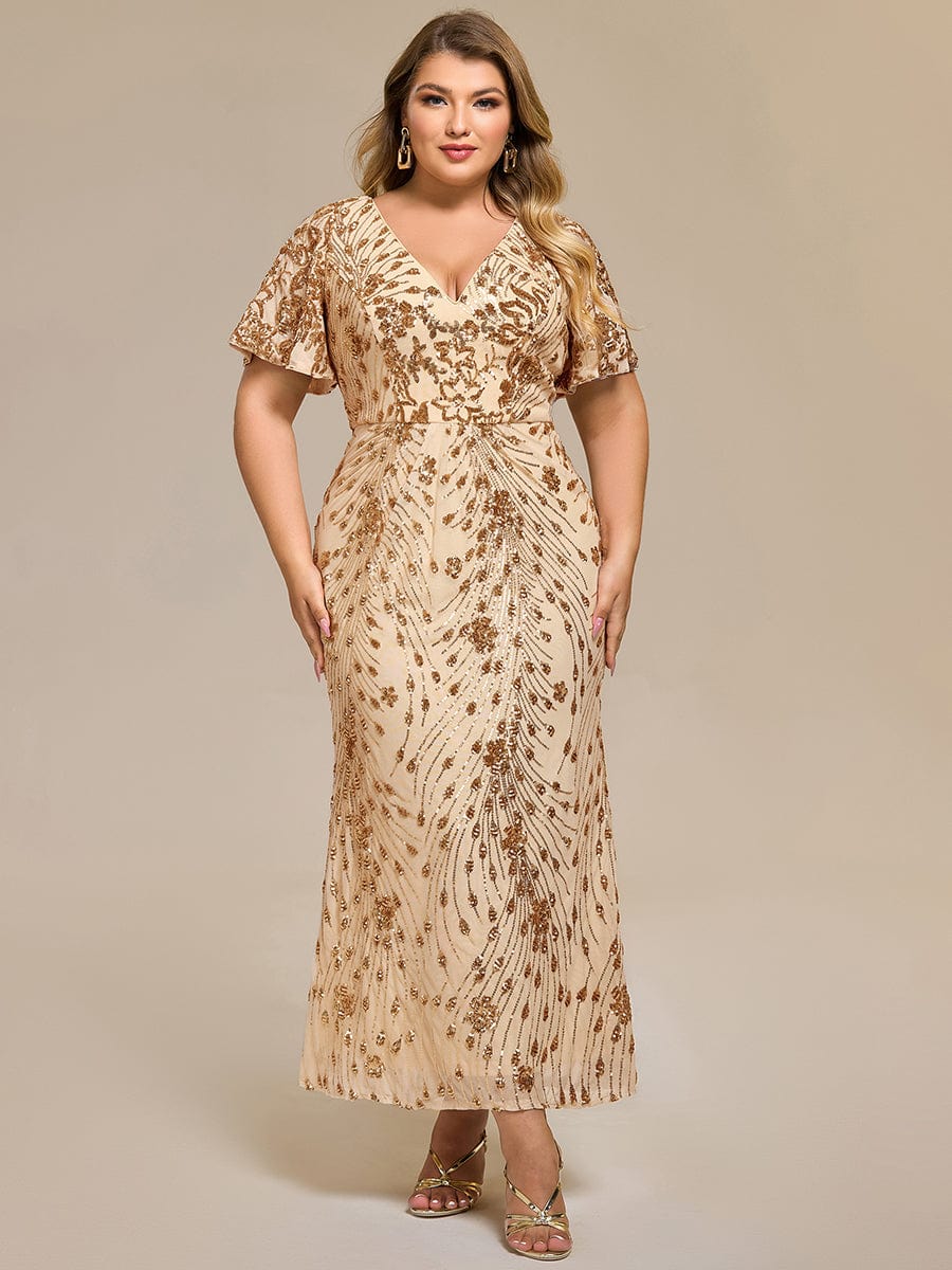 Wonderful Plus Size Sequin V-Neck Mermaid Formal Dress Tea-Length