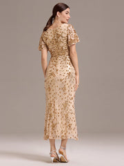 Stylish Mermaid Sequin Short Sleeves Formal Wedding Guest Dress with Embroidery