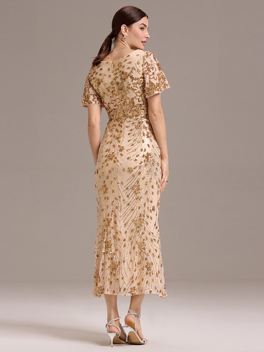 Stylish Mermaid Sequin Short Sleeves Formal Wedding Guest Dress with Embroidery