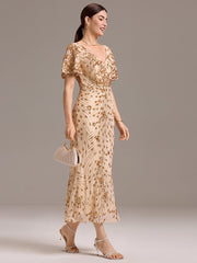 Stylish Mermaid Sequin Short Sleeves Formal Wedding Guest Dress with Embroidery