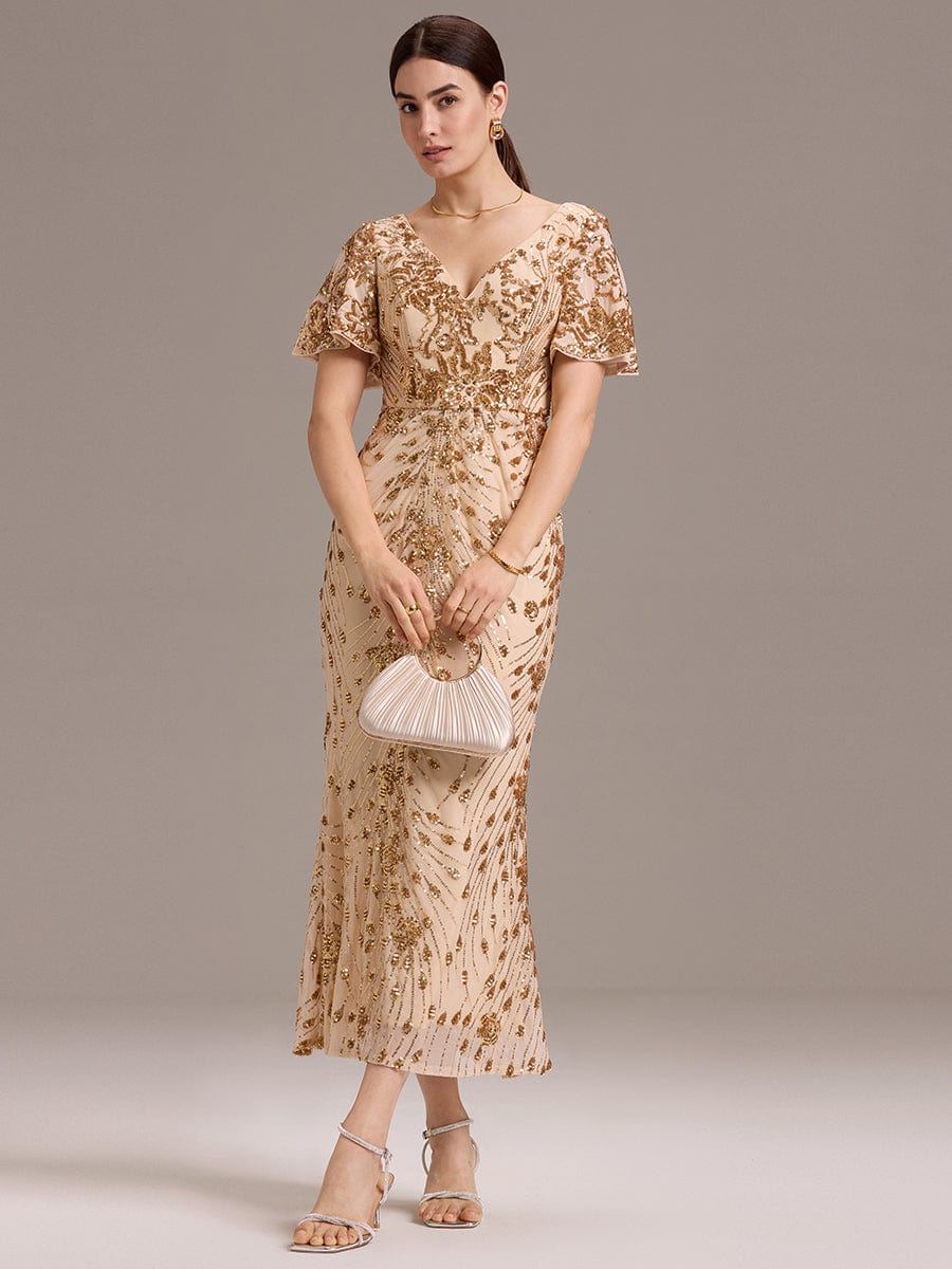 Stylish Mermaid Sequin Short Sleeves Formal Wedding Guest Dress with Embroidery