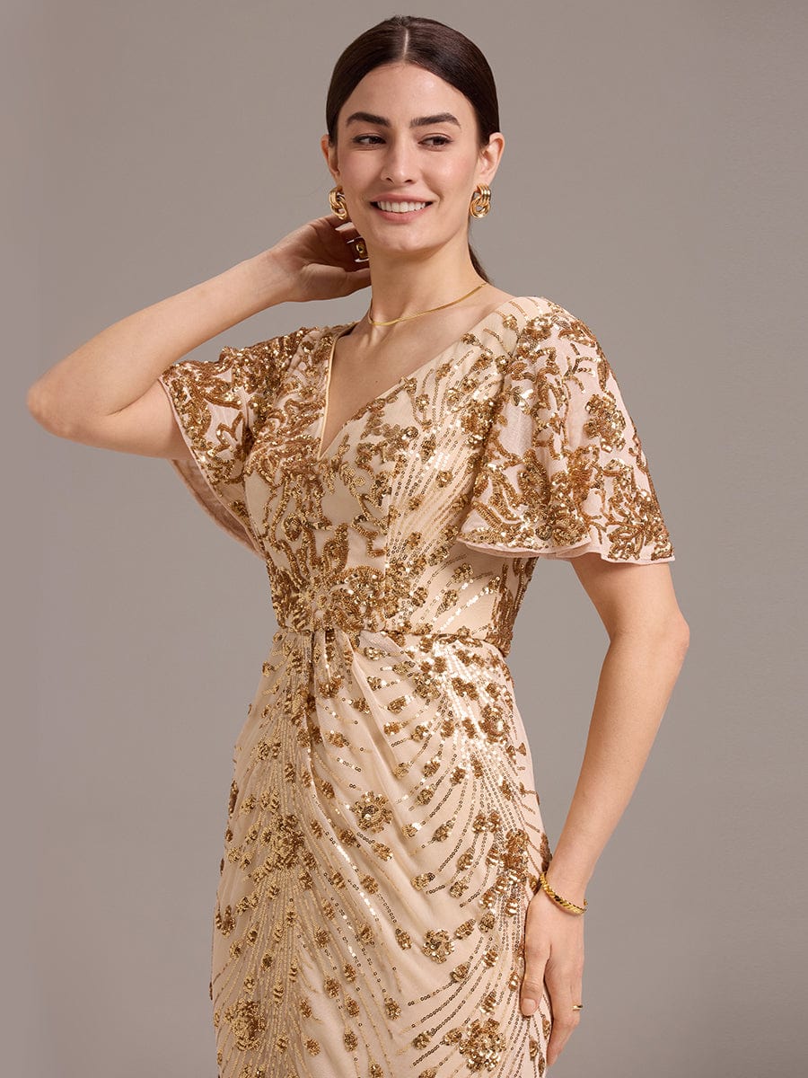 Stylish Mermaid Sequin Short Sleeves Formal Wedding Guest Dress with Embroidery