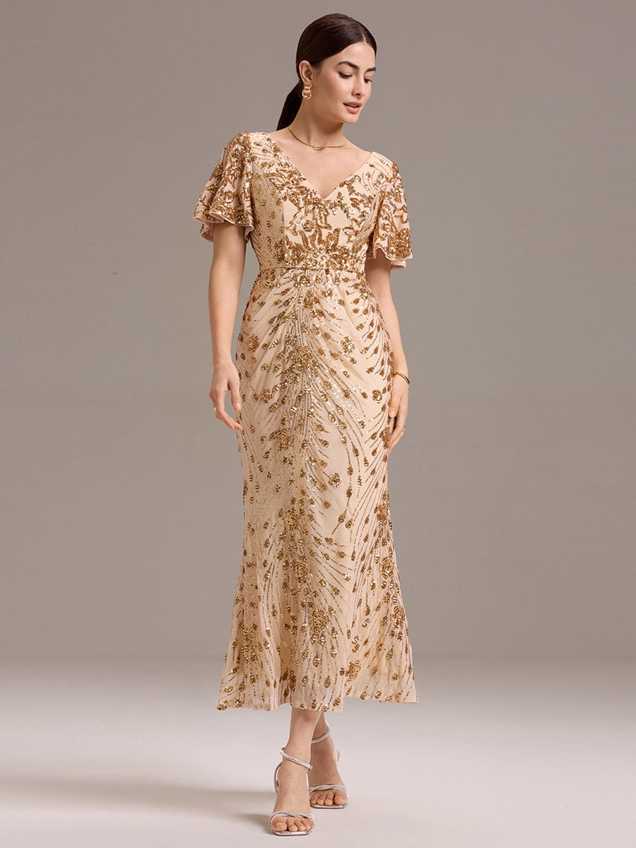 Stylish Mermaid Sequin Short Sleeves Formal Wedding Guest Dress with Embroidery
