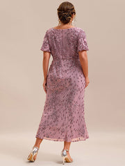 Stylish Mermaid Sequin Short Sleeves Formal Wedding Guest Dress with Embroidery