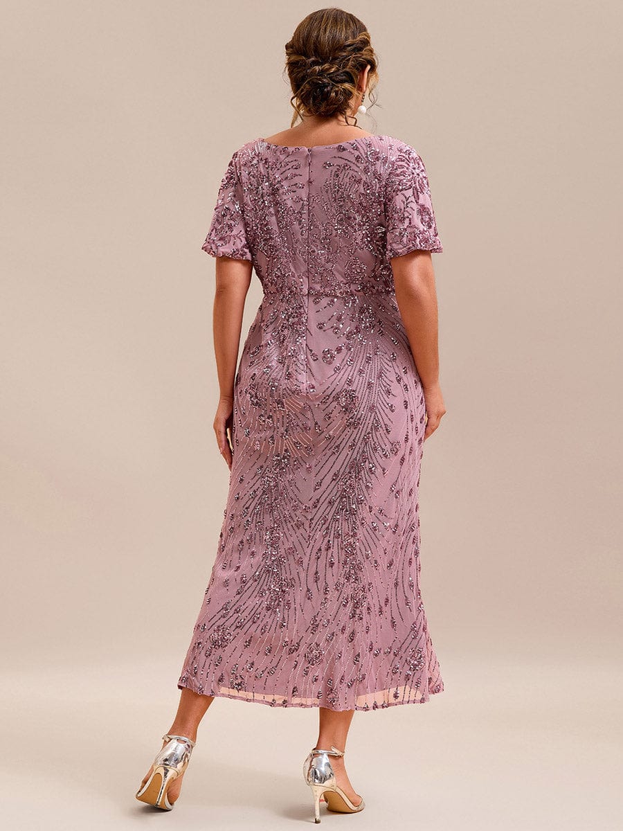 Stylish Mermaid Sequin Short Sleeves Formal Wedding Guest Dress with Embroidery