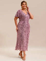 Wonderful Plus Size Sequin V-Neck Mermaid Formal Dress Tea-Length