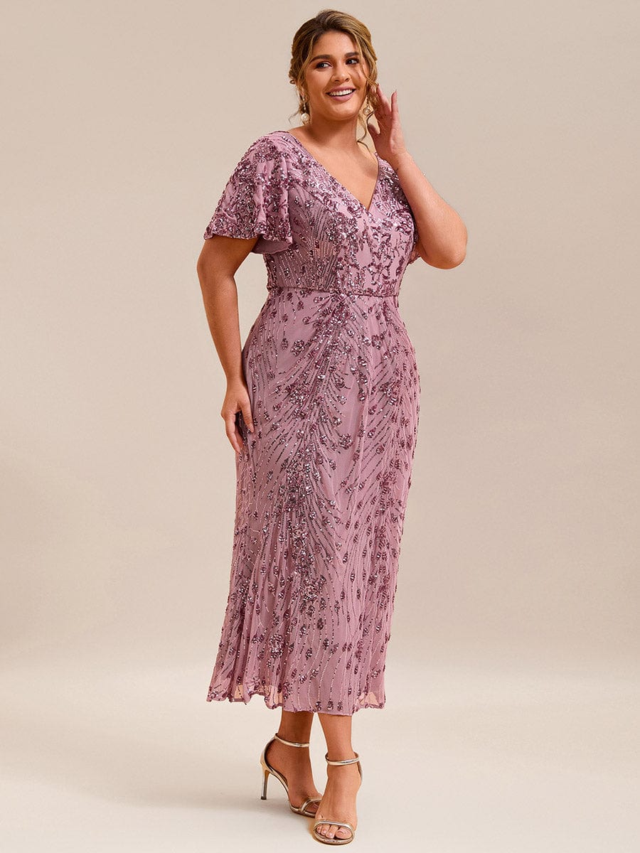 Wonderful Plus Size Sequin V-Neck Mermaid Formal Dress Tea-Length