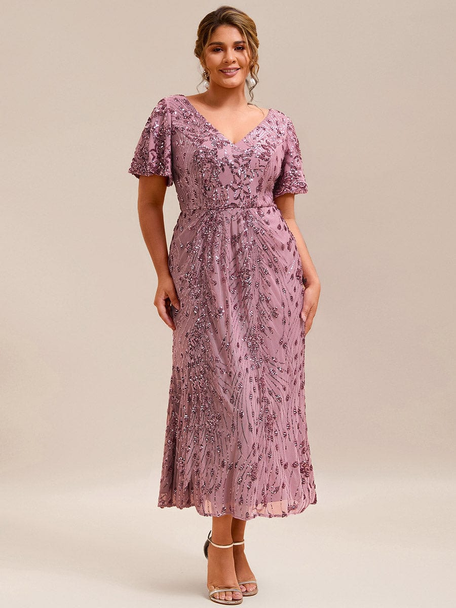 Wonderful Plus Size Sequin V-Neck Mermaid Formal Dress Tea-Length