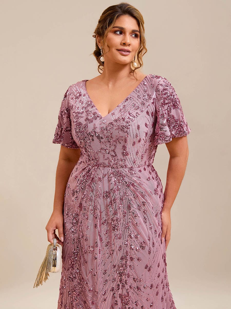 Wonderful Plus Size Sequin V-Neck Mermaid Formal Dress Tea-Length