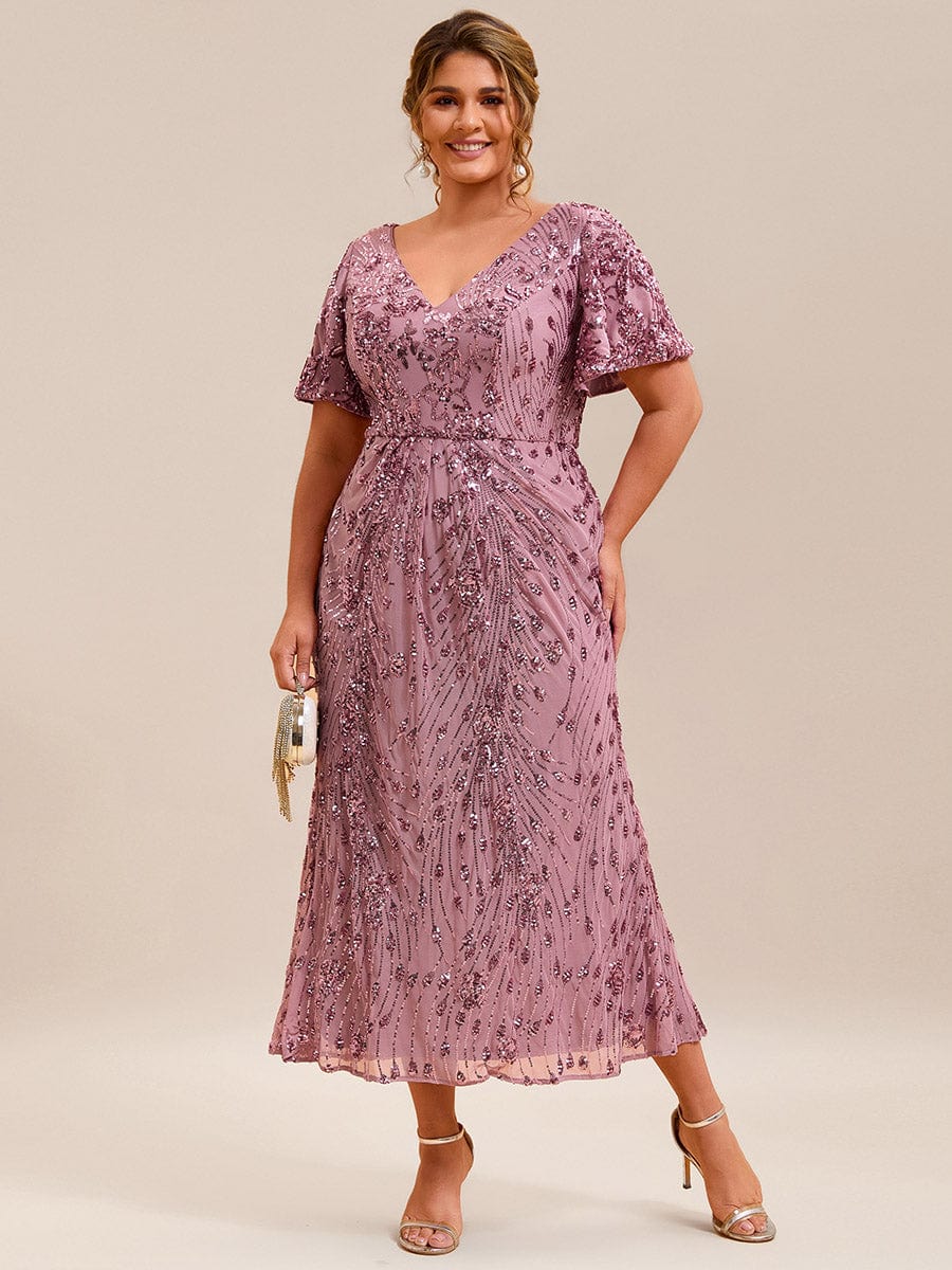 Wonderful Plus Size Sequin V-Neck Mermaid Formal Dress Tea-Length