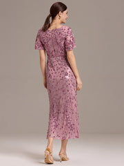 Stylish Mermaid Sequin Short Sleeves Formal Wedding Guest Dress with Embroidery