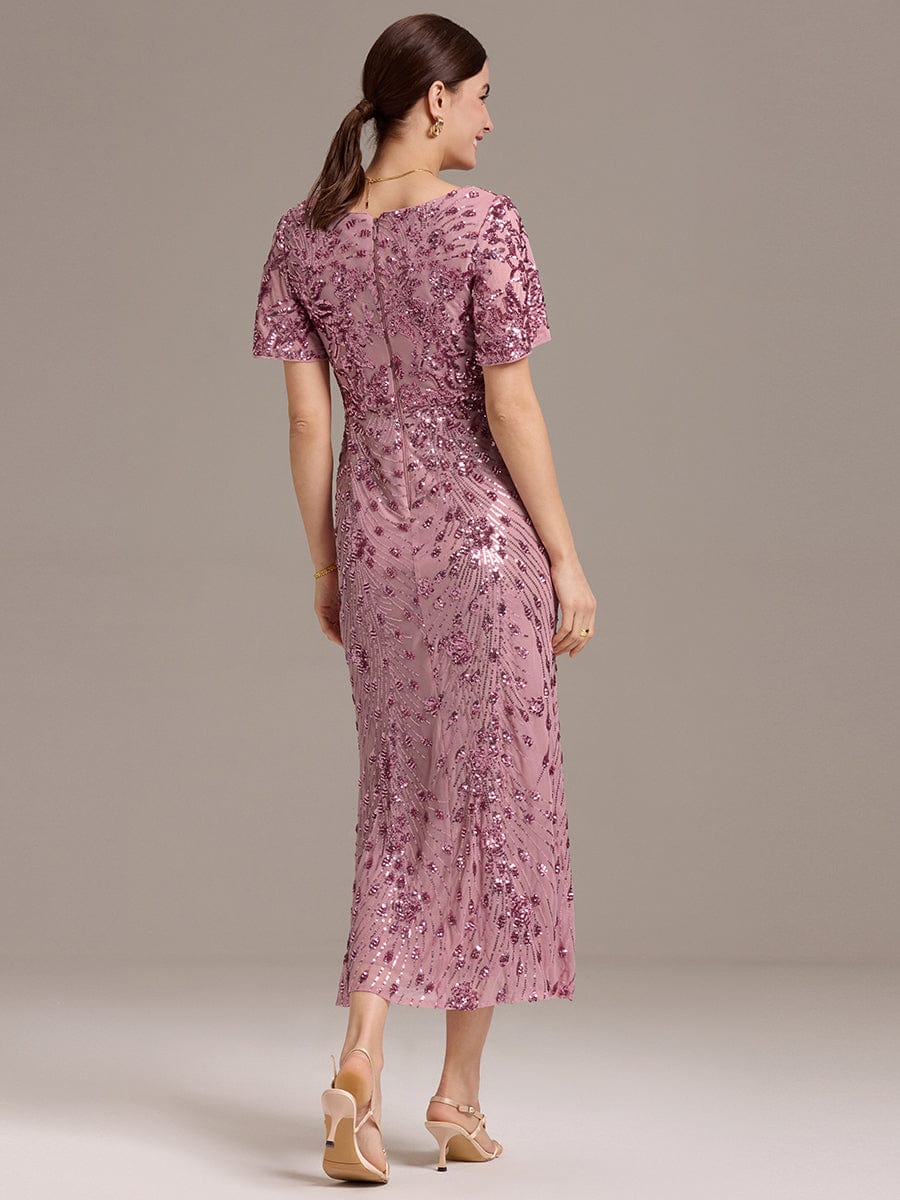 Stylish Mermaid Sequin Short Sleeves Formal Wedding Guest Dress with Embroidery