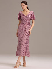 Stylish Mermaid Sequin Short Sleeves Formal Wedding Guest Dress with Embroidery