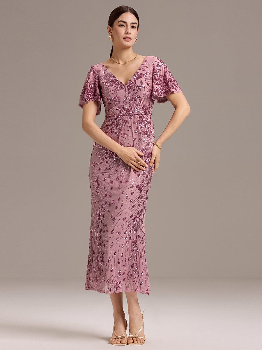 Stylish Mermaid Sequin Short Sleeves Formal Wedding Guest Dress with Embroidery