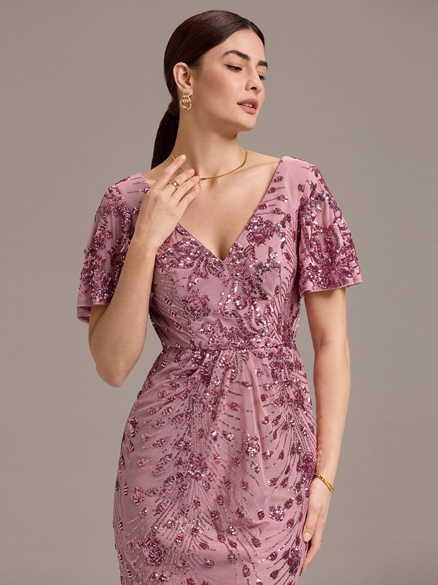 Stylish Mermaid Sequin Short Sleeves Formal Wedding Guest Dress with Embroidery