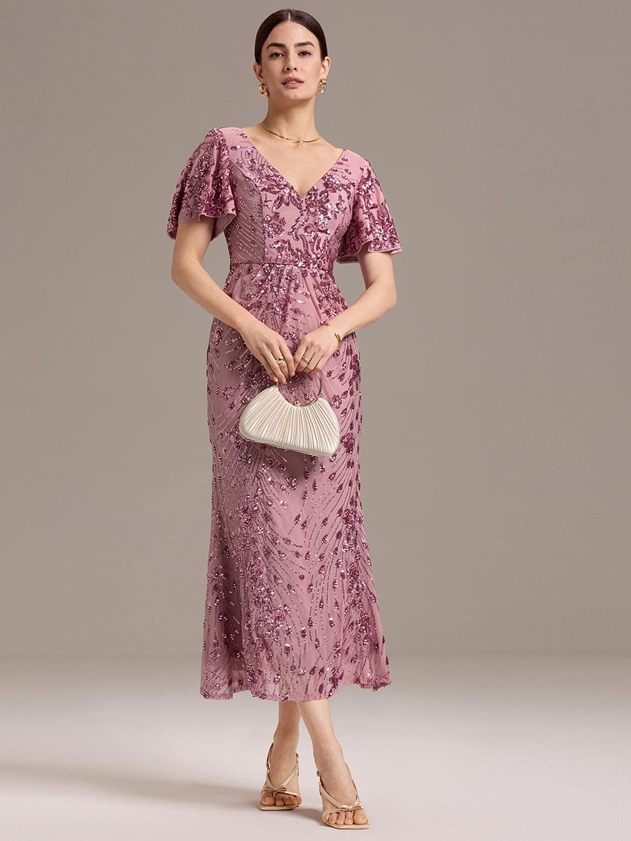 Stylish Mermaid Sequin Short Sleeves Formal Wedding Guest Dress with Embroidery