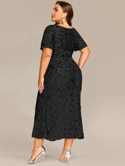 Chic Plus Size Tea-Length Sequin Formal Wedding Guest Dress