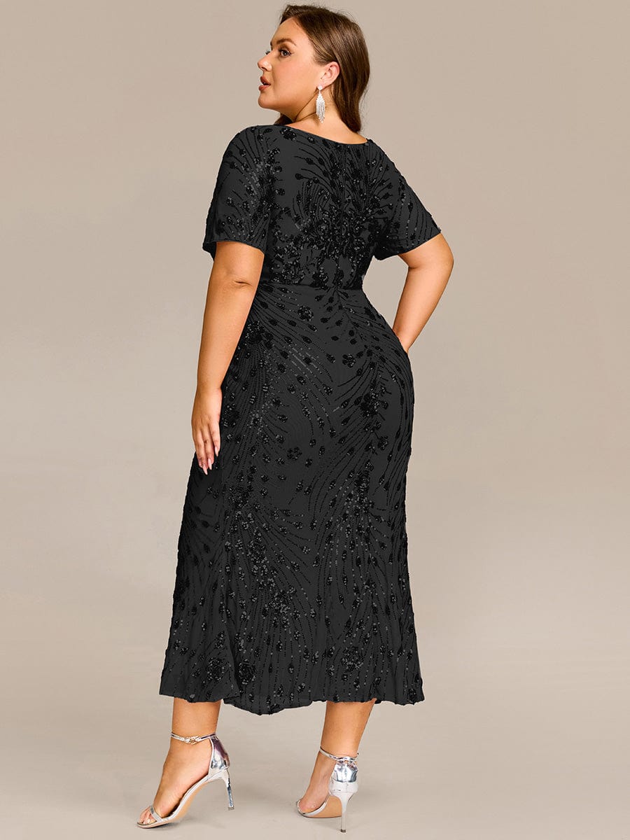 Chic Plus Size Tea-Length Sequin Formal Wedding Guest Dress