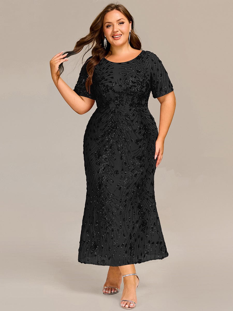 Radiant Plus Size Sequin Tea-Length Mermaid Formal Dress