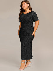 Chic Plus Size Tea-Length Sequin Formal Wedding Guest Dress