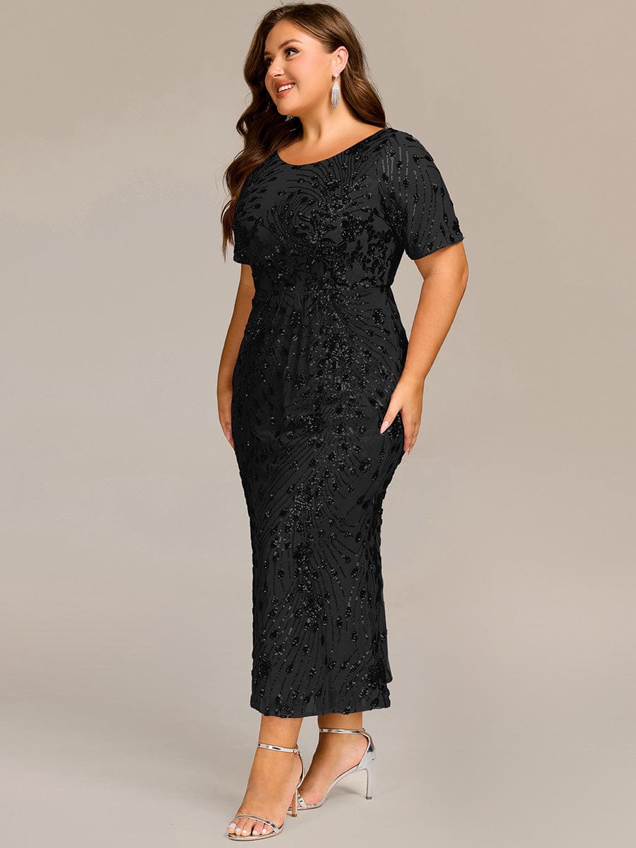 Chic Plus Size Tea-Length Sequin Formal Wedding Guest Dress