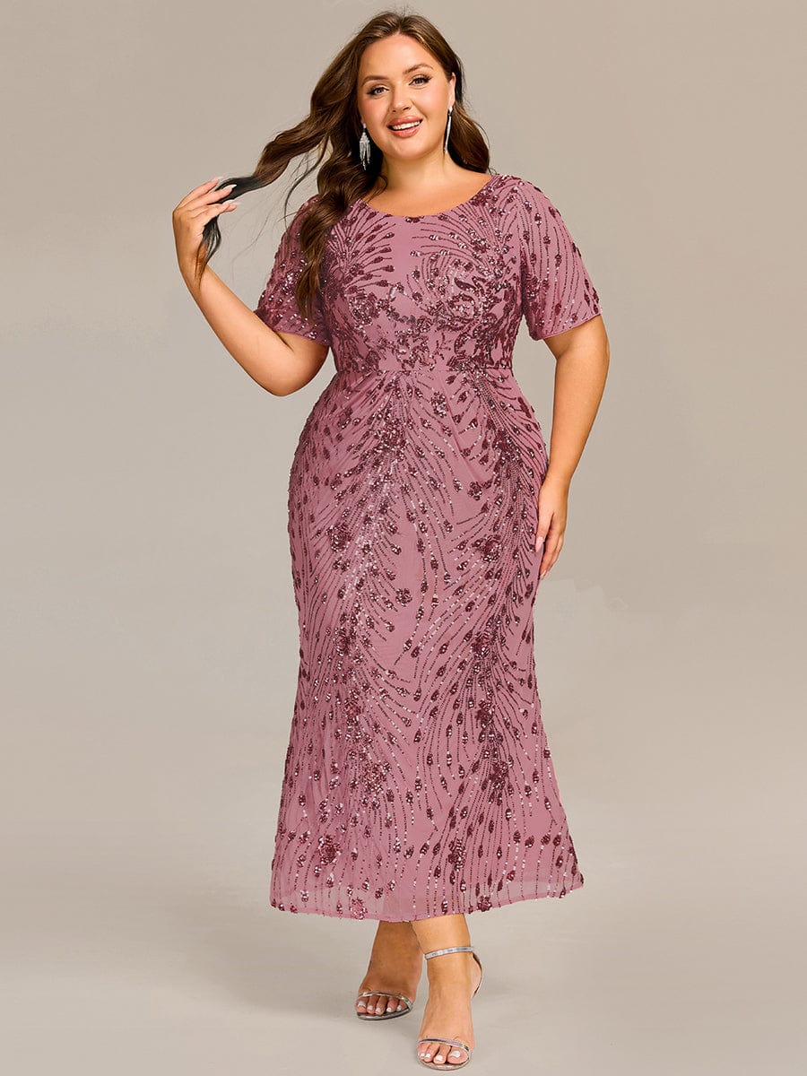 Chic Plus Size Tea-Length Sequin Formal Wedding Guest Dress