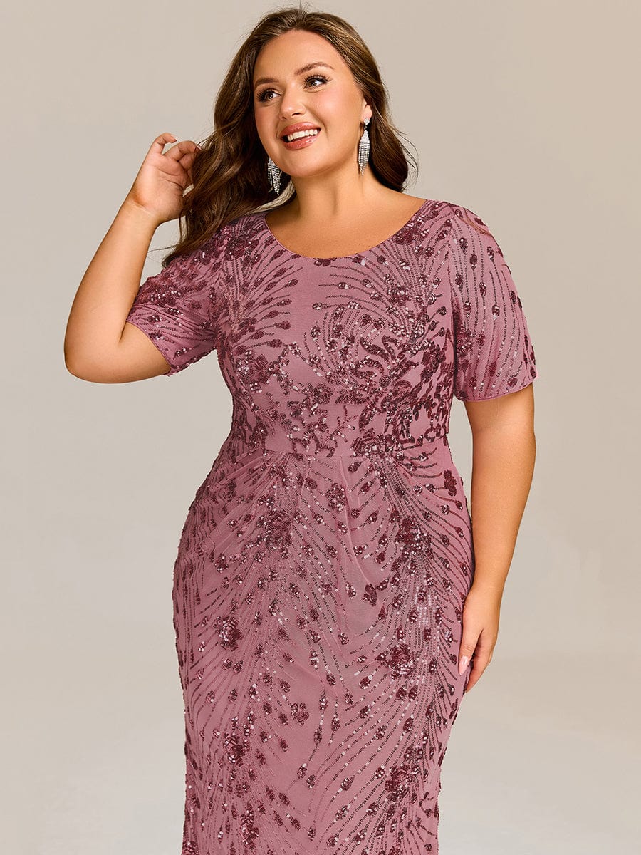Chic Plus Size Tea-Length Sequin Formal Wedding Guest Dress
