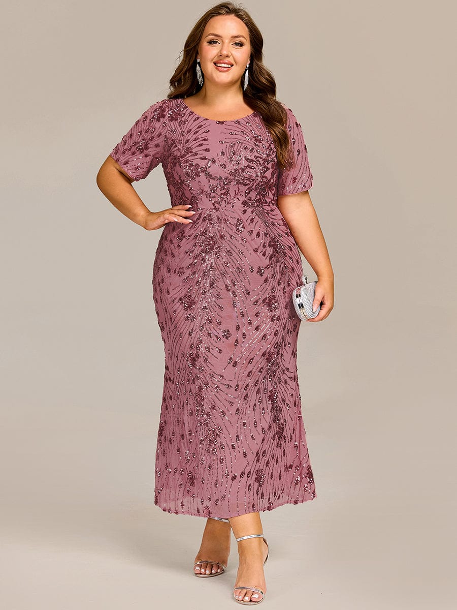 Radiant Plus Size Sequin Tea-Length Mermaid Formal Dress