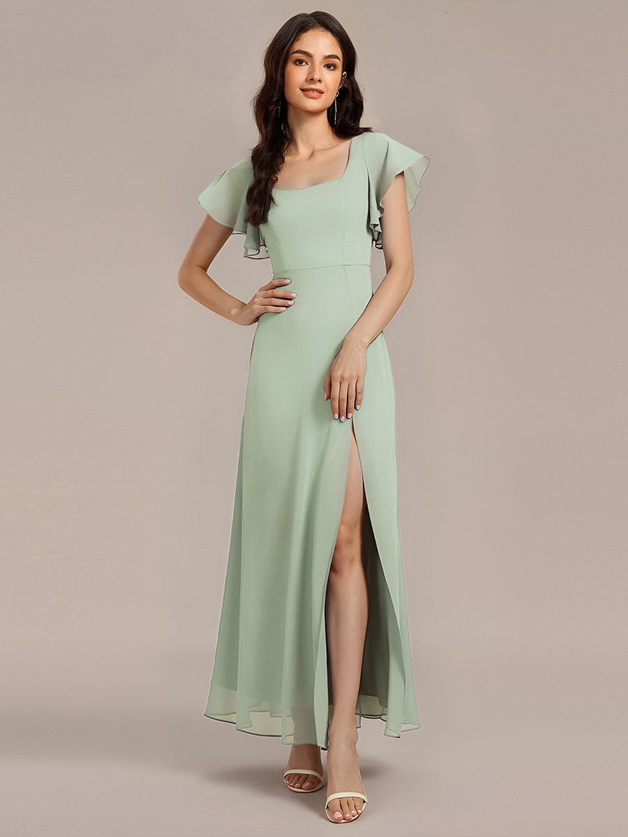 Gorgeous Floral Flutter Sleeve A-Line Formal Dress with Slit
