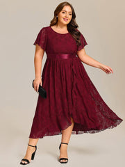 Flattering Short Sleeves A-Line Lace Midi Formal Dress with Sash