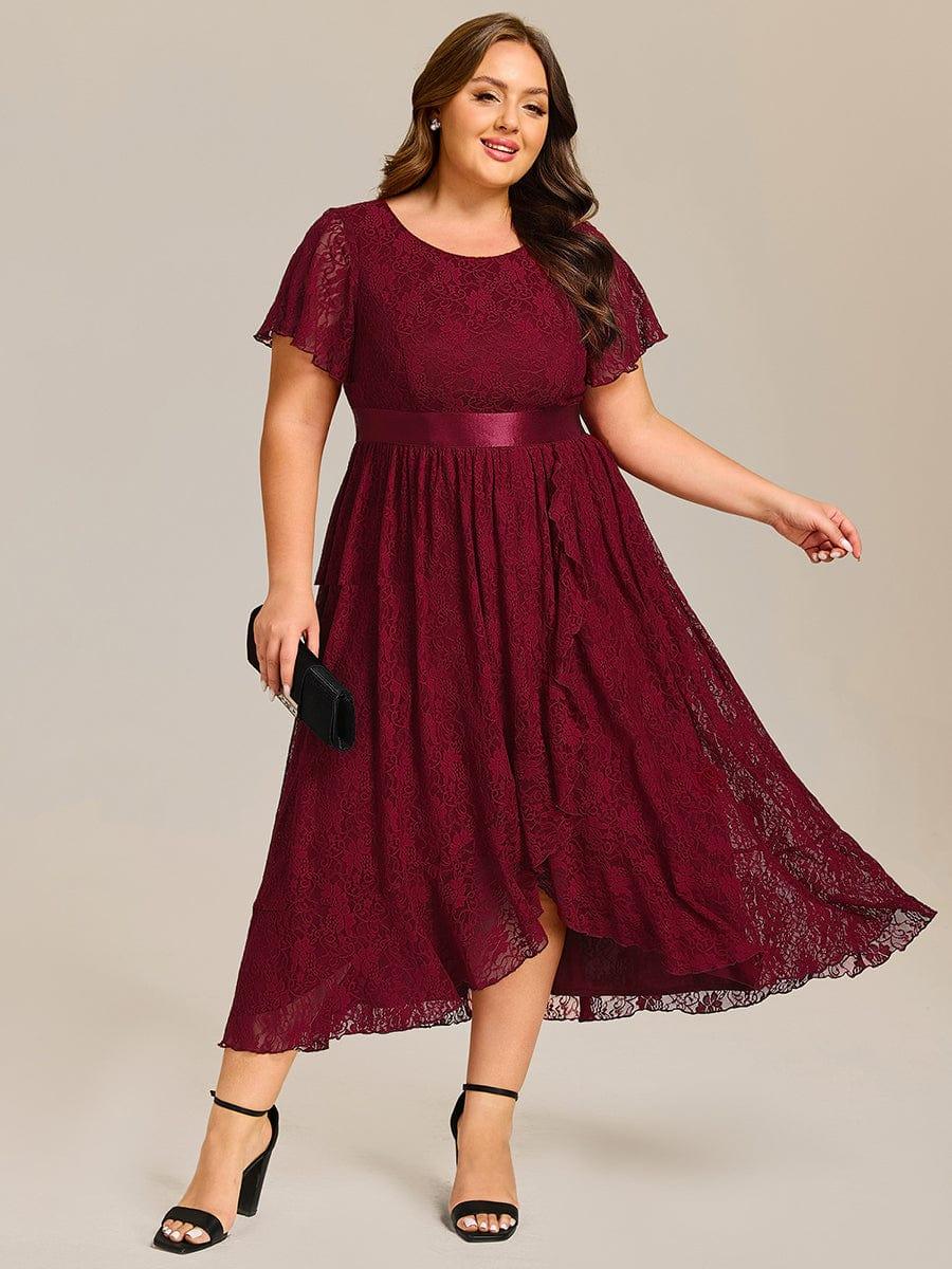 Flattering Short Sleeves A-Line Lace Midi Formal Dress with Sash