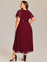 Flattering Short Sleeves A-Line Lace Midi Formal Dress with Sash