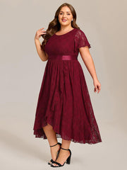 Flattering Short Sleeves A-Line Lace Midi Formal Dress with Sash