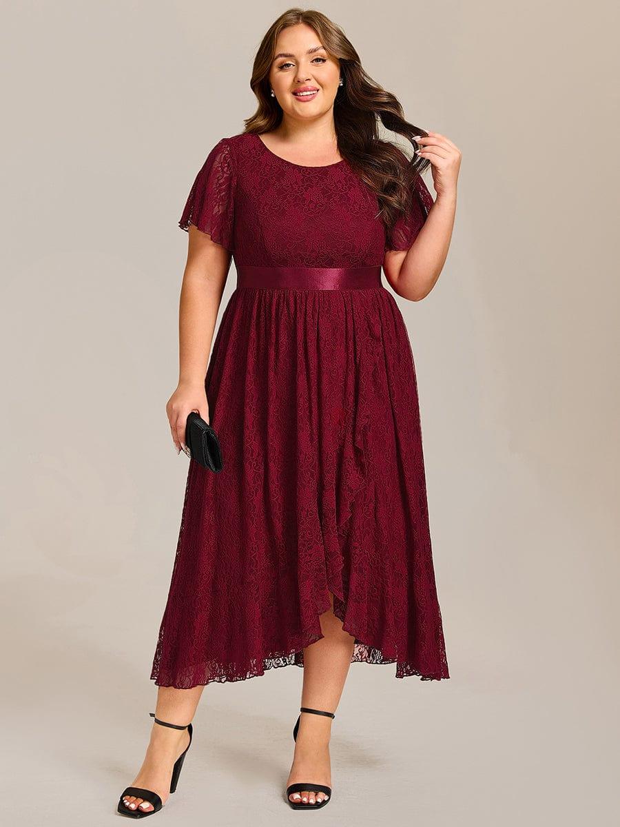 Flattering Short Sleeves A-Line Lace Midi Formal Dress with Sash