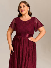 Flattering Short Sleeves A-Line Lace Midi Formal Dress with Sash
