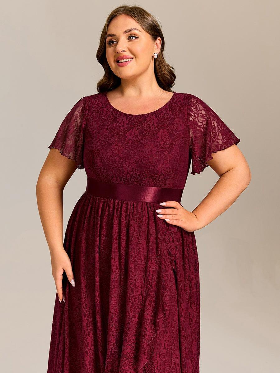 Flattering Short Sleeves A-Line Lace Midi Formal Dress with Sash