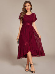 Flattering Short Sleeves A-Line Lace Midi Formal Dress with Sash