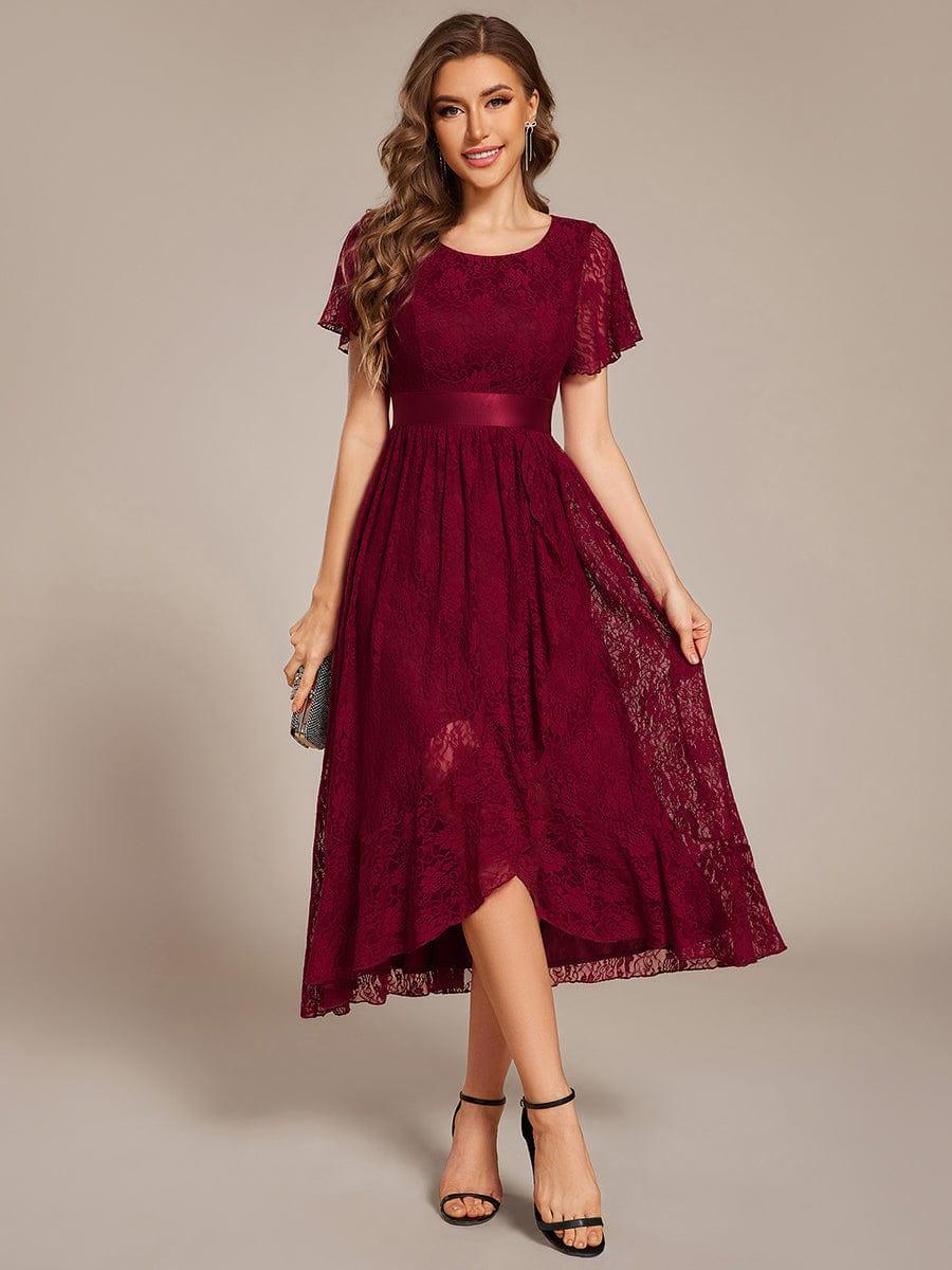 Flattering Short Sleeves A-Line Lace Midi Formal Dress with Sash